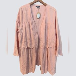 VERY J Open Front Long Eyelet Trim Cardigan Light Peach Size 2X